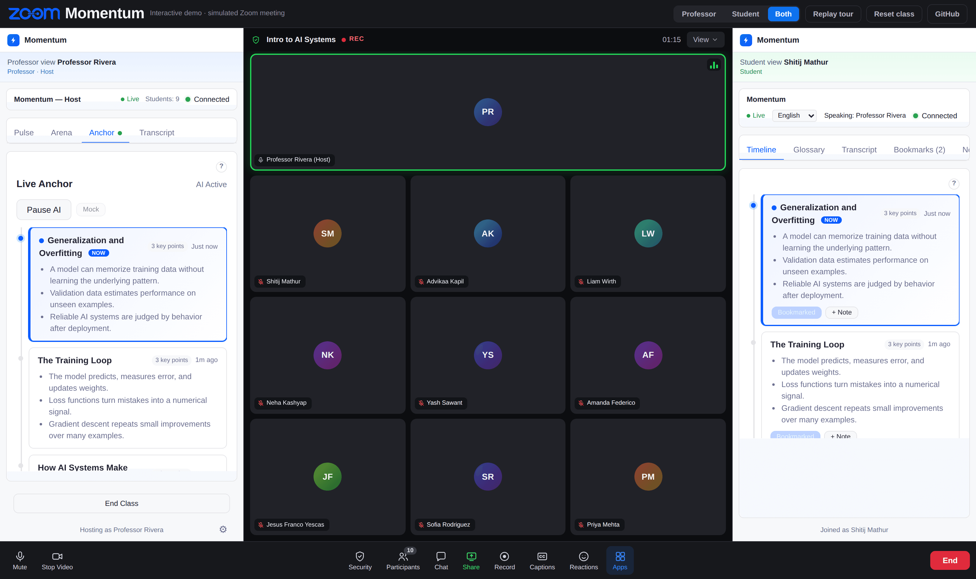 The full Momentum demo: the professor's Live Anchor panel on the left, the Zoom meeting gallery in the middle, and a student's topic timeline on the right