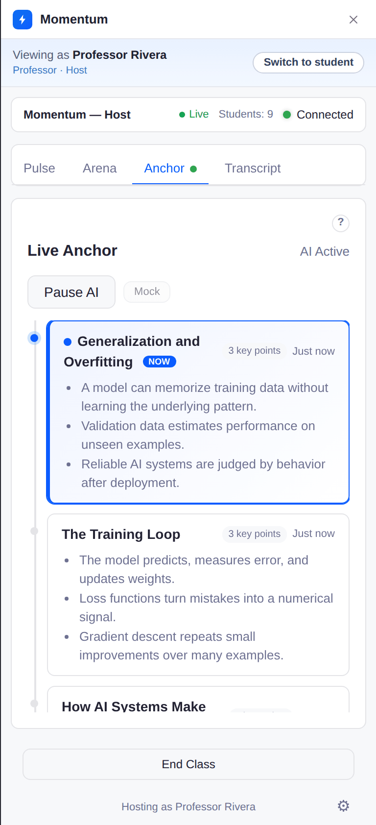 Live Anchor tab with an AI-built topic timeline — the current topic is highlighted with three key points
