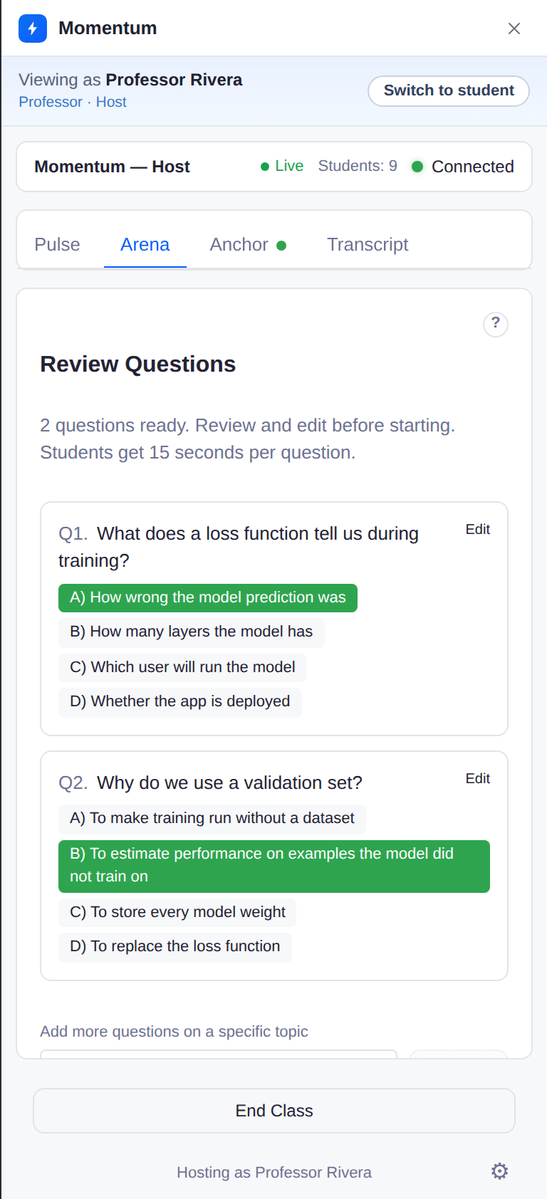 Arena review screen listing two AI-written quiz questions with highlighted correct answers and Edit buttons