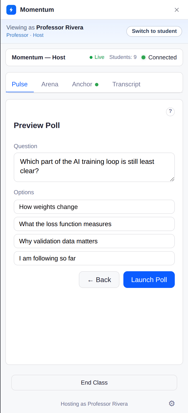 Pulse tab with an AI-drafted poll — question and four editable options with a Launch Poll button