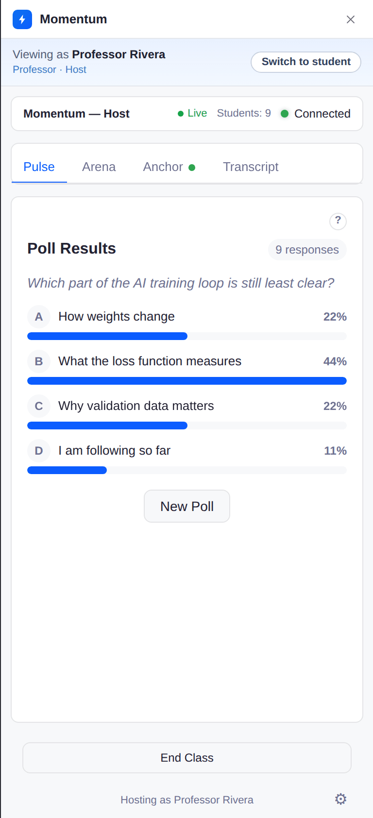 Poll results with percentage bars for each option and a nine-response count