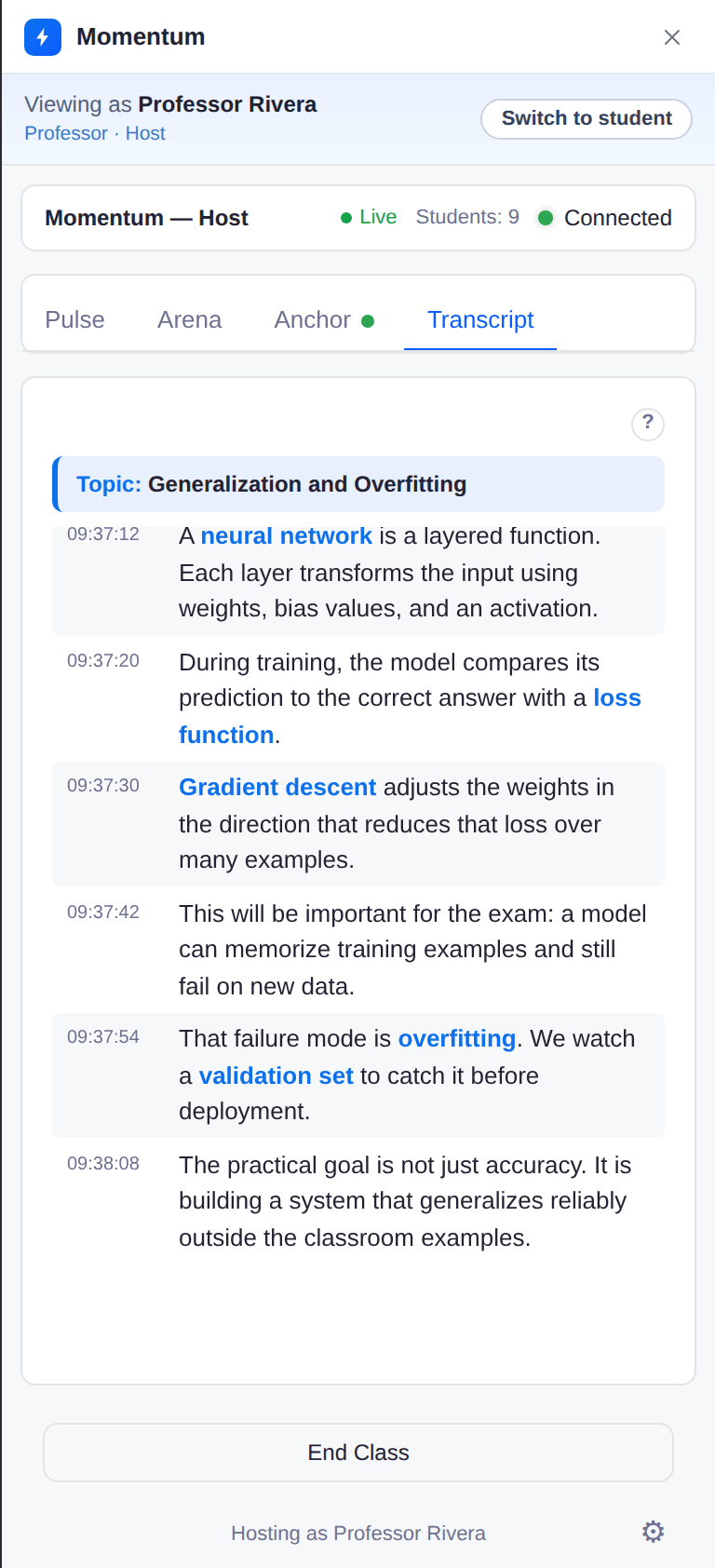 Live transcript tab with timestamps, a topic banner, and technical terms highlighted in blue