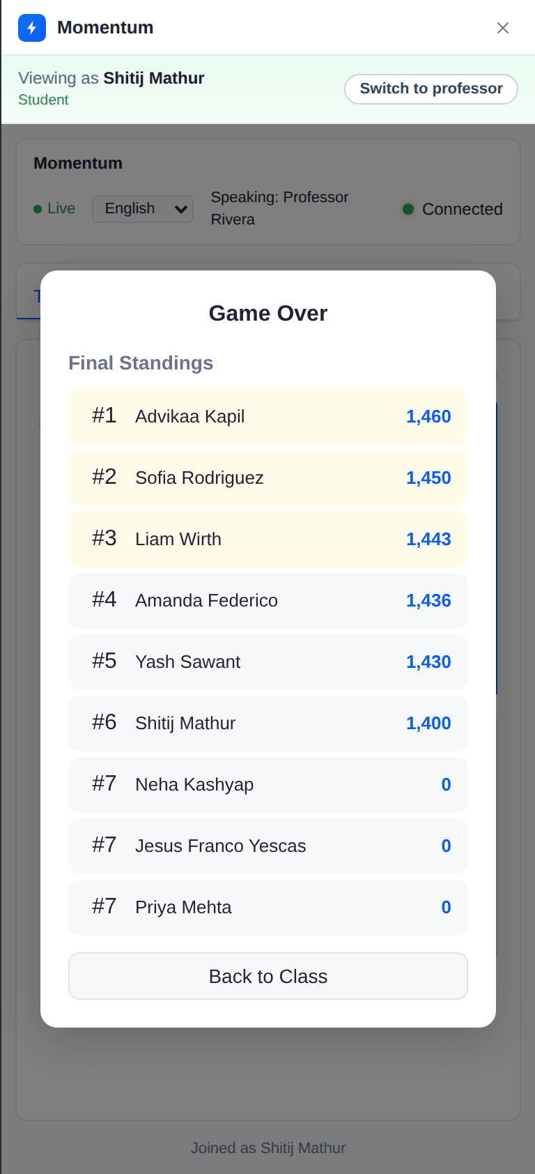 Game Over screen with final standings for the whole class