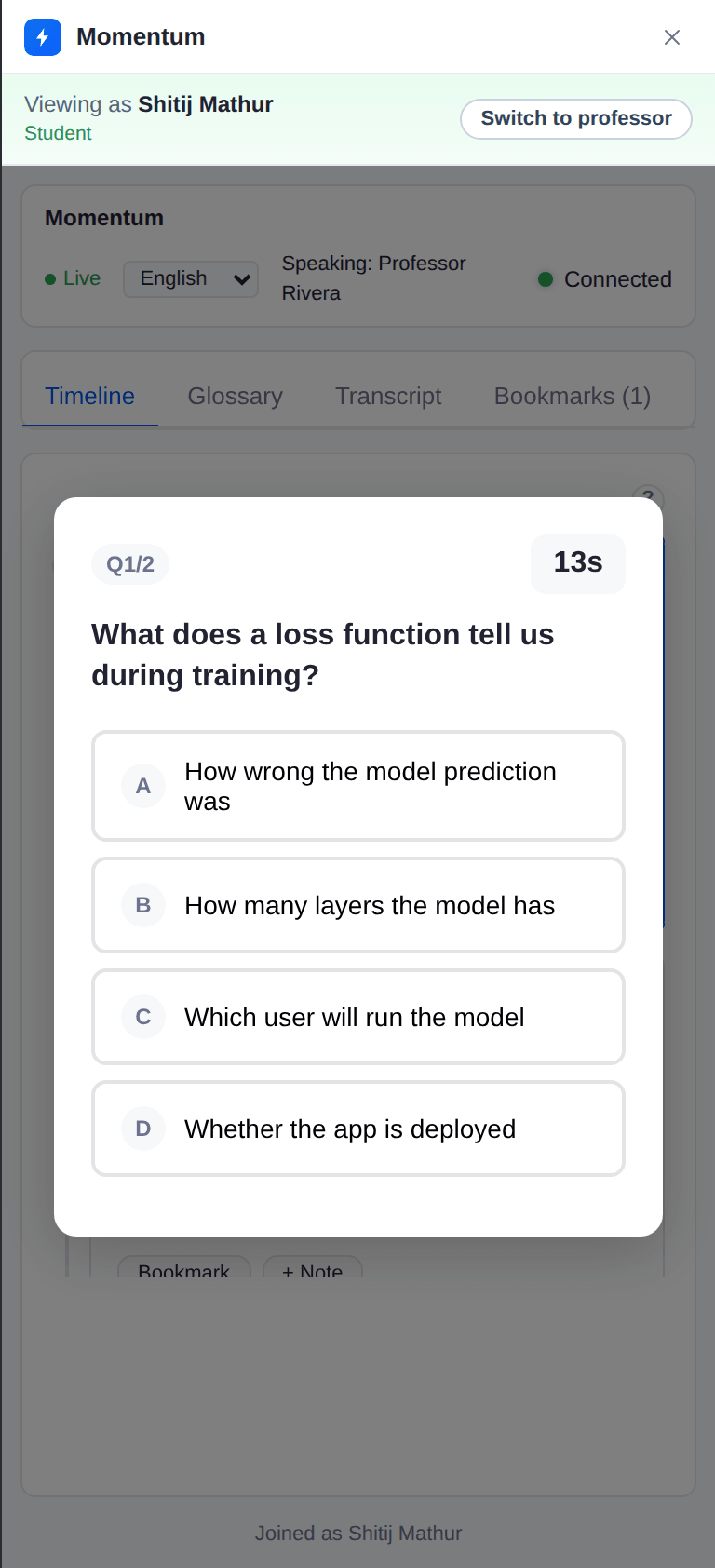 An Arena quiz question on the student panel with a 13-second countdown and four options