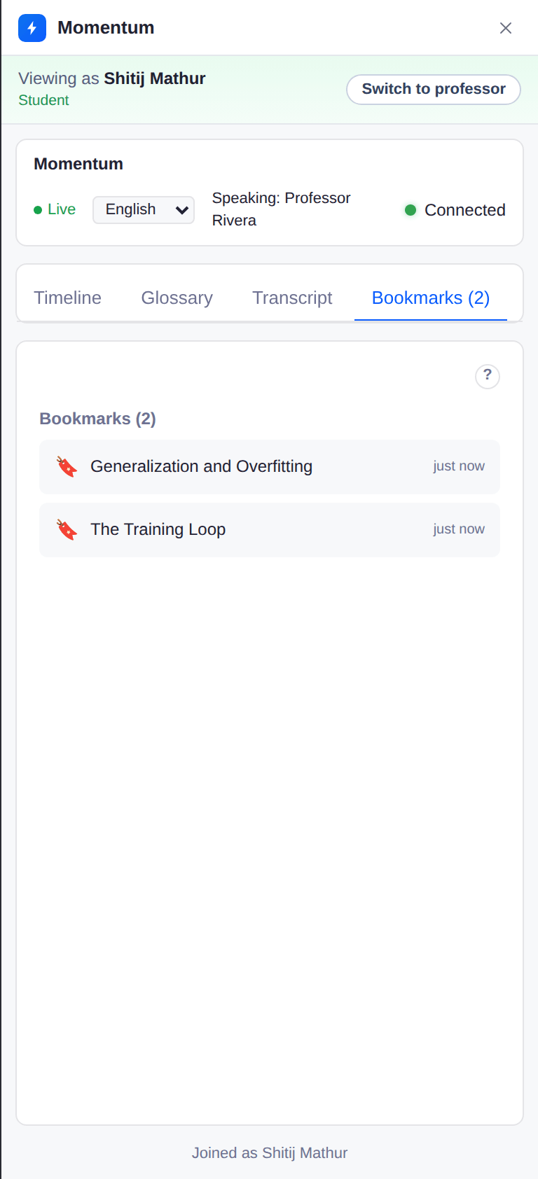 Bookmarks tab listing two saved moments, one auto-captured from a spoken cue