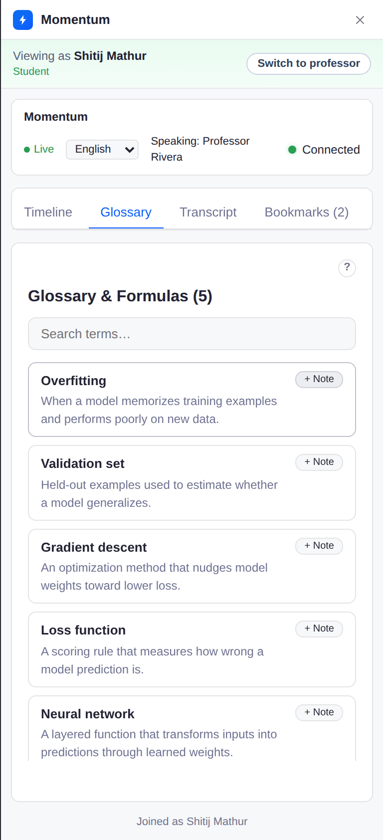 Glossary tab with five searchable terms defined from the lecture, each with an add-to-notes button