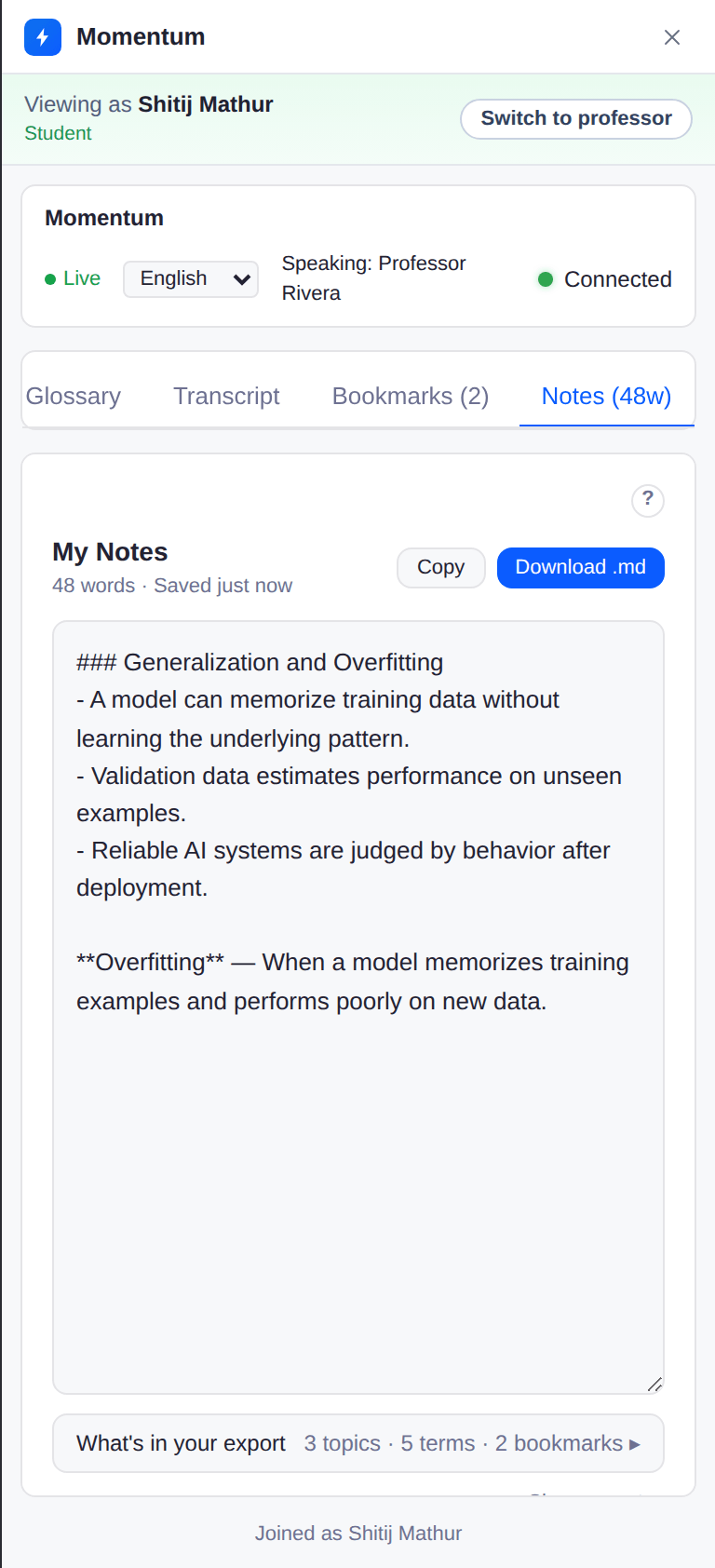 My Notes panel with markdown notes assembled from topics and glossary terms, plus Copy and Download buttons