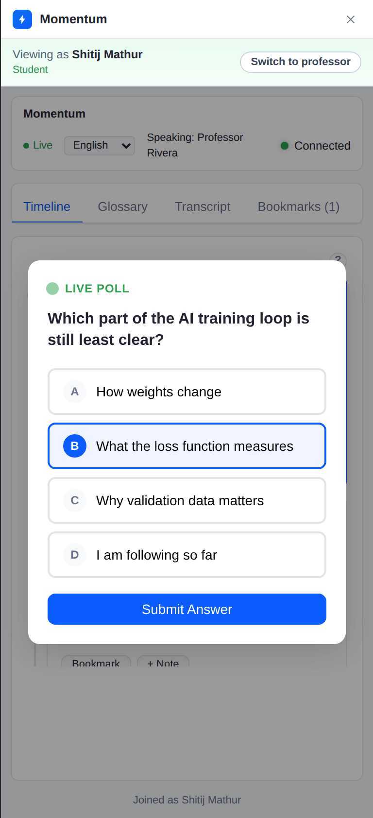 A live poll card on the student panel with four answer options and a Submit Answer button