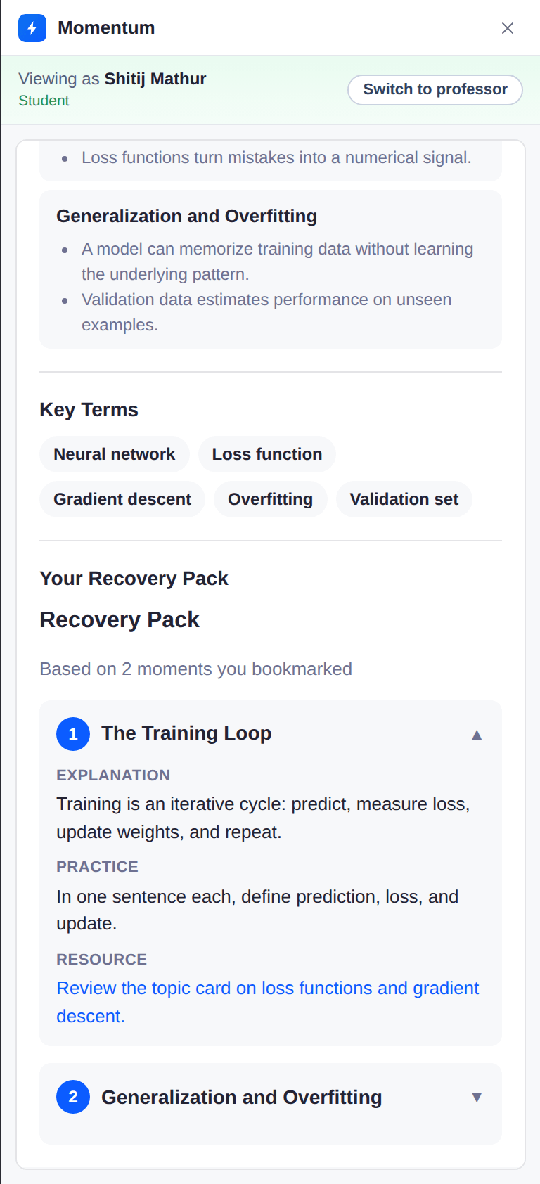 Recovery Pack built from two bookmarked moments, with a plain-language explanation, a practice prompt, and a resource