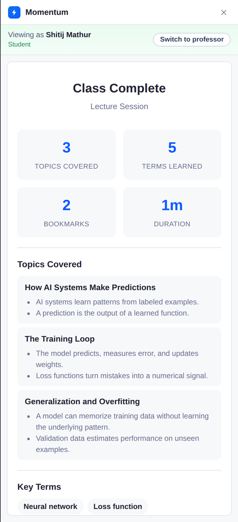 Class Complete summary with counts of topics covered, terms learned, and bookmarks, plus the topic list